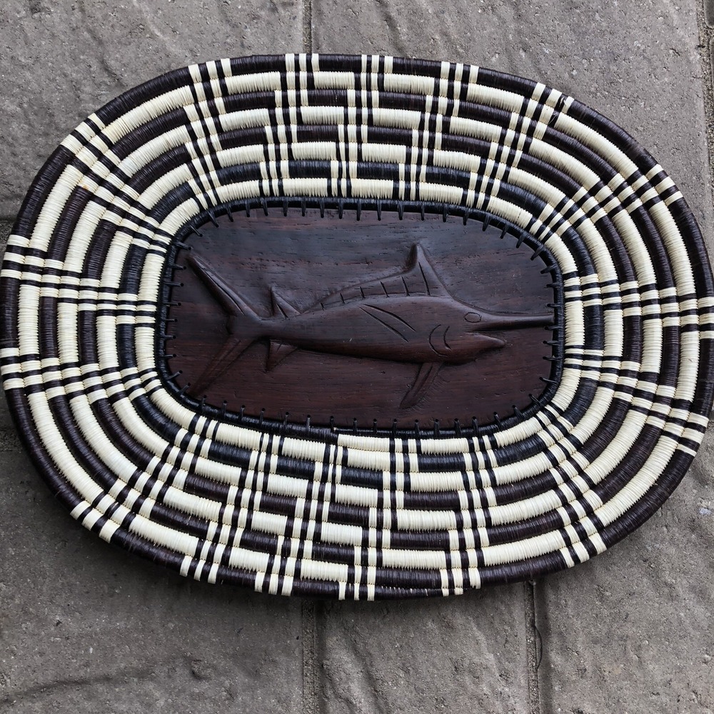 Handmade Woven Coil Tribal Oval Wood Embossed Swordfish Tray Wall‎ Basket